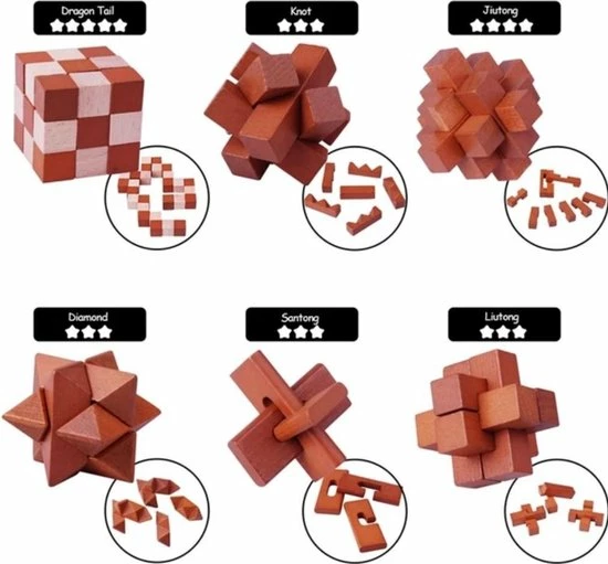 Merkloos Set Van 6 Houten IQ Puzzels - Breinbrekers - 3D Puzzel 6 Merkloos Set Van 6 Houten IQ Puzzels - Breinbrekers - 3D Puzzel - Afbeelding 4