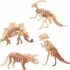 Merkloos Houten 3D Dinosaurus Puzzel, 4 Assorti