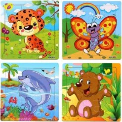 Aslan? 4 Houten Puzzels Van 9 Stukjes - Dieren: Tijger, Vlinder, Dolfijnen En Beer - Voor Kinderen Van 1-4 Jaar