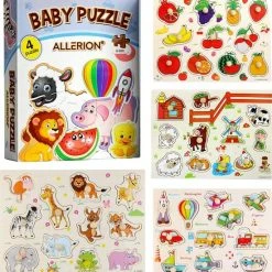 Allerion? Allerion Houten Puzzel Set - 4 Stuks Legpuzzels Vanaf 1 Jaar - STEM Speelgoed - Voertuigen - Boerderij - Dierentuin Fruit