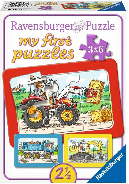 Ravensburger Graafmachine, Tractor En Kiepauto- My First Puzzels -3x6 Stukjes - Kinderpuzzel 3 Ravensburger Graafmachine, Tractor En Kiepauto- My First Puzzels -3x6 Stukjes - Kinderpuzzel