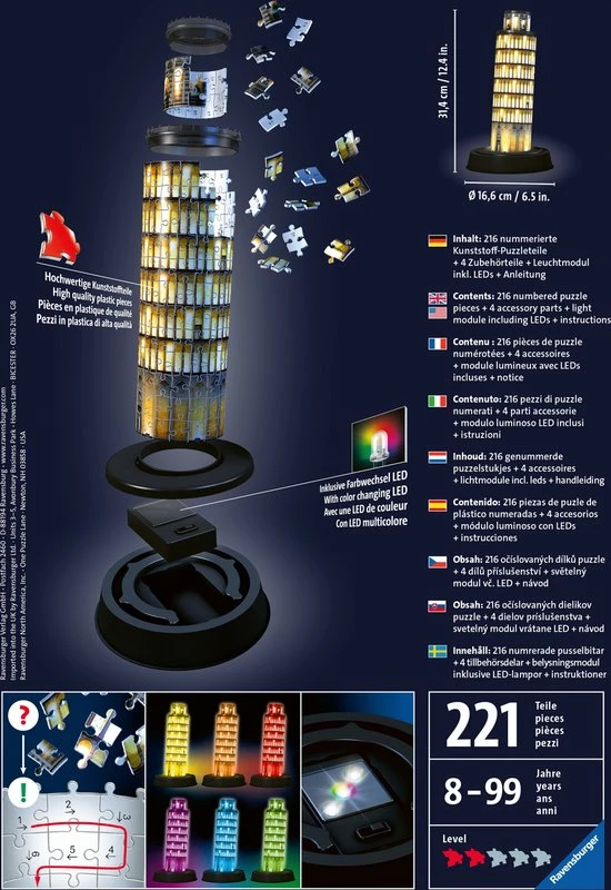 Ravensburger Toren Van Pisa 3D Puzzel Night Edition - 216 Stukjes 10 Ravensburger Toren Van Pisa 3D Puzzel Night Edition - 216 Stukjes - Afbeelding 8